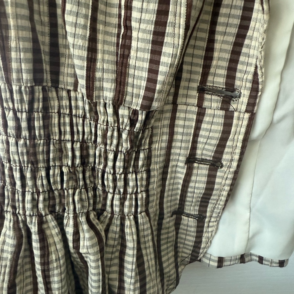Women's Brown and Cream Striped Short-Sleeve Peplum Blouse - Picture 7 of 8